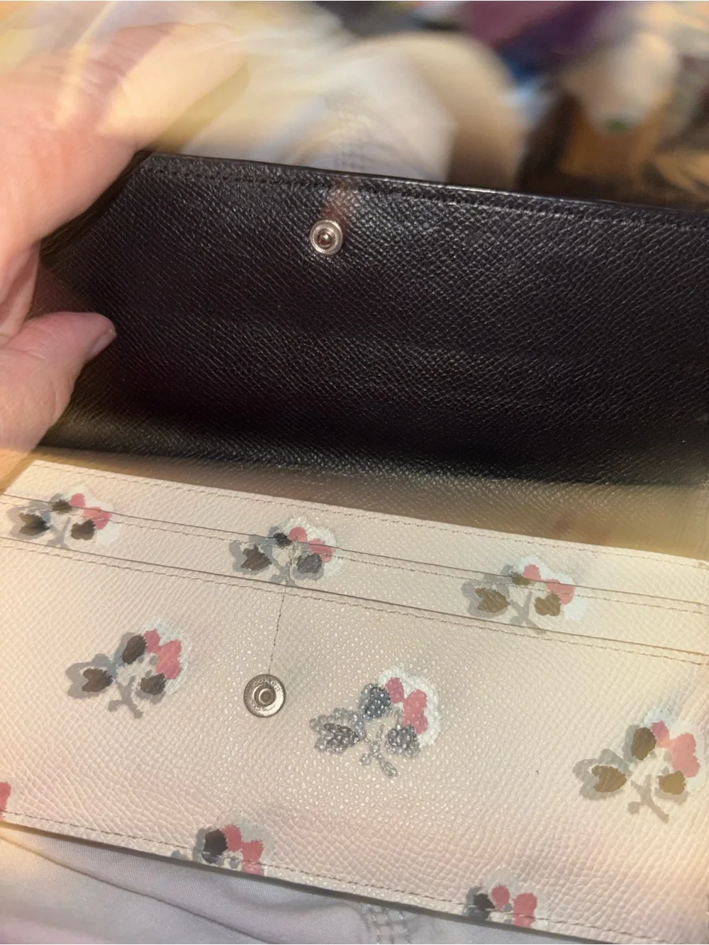 Coach Cream Floral Leather Wallet with Pink and Black Accents